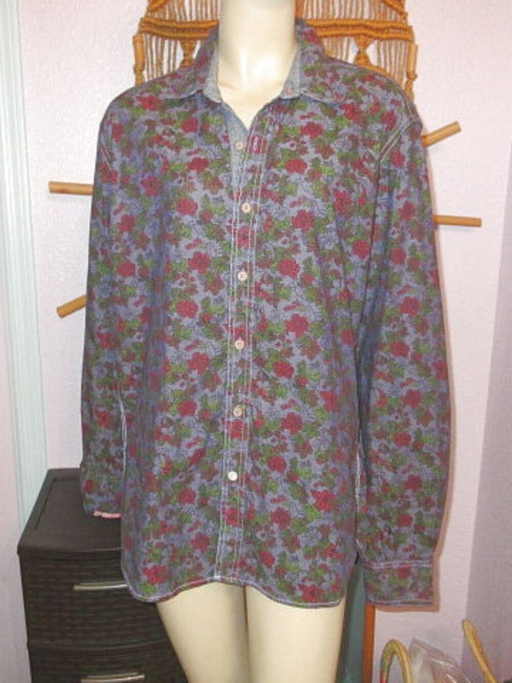 Robert Graham Chambray Floral Shirt Size XL Button Up Elbow Patch Cotton NEW